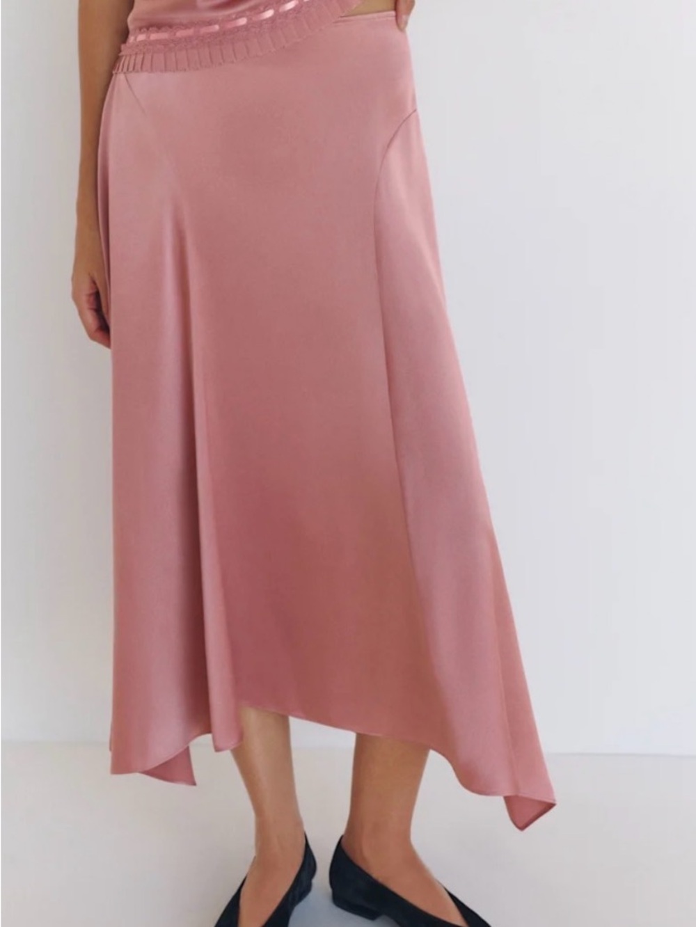 Reformation Rose Pink Asymmetrical Silk Midi Skirt